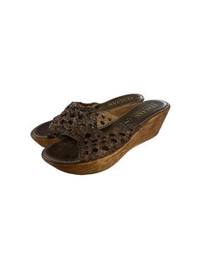 Italian Shoemakers Brown Woven Leather Wedge Sandals with Wood-Look Platform